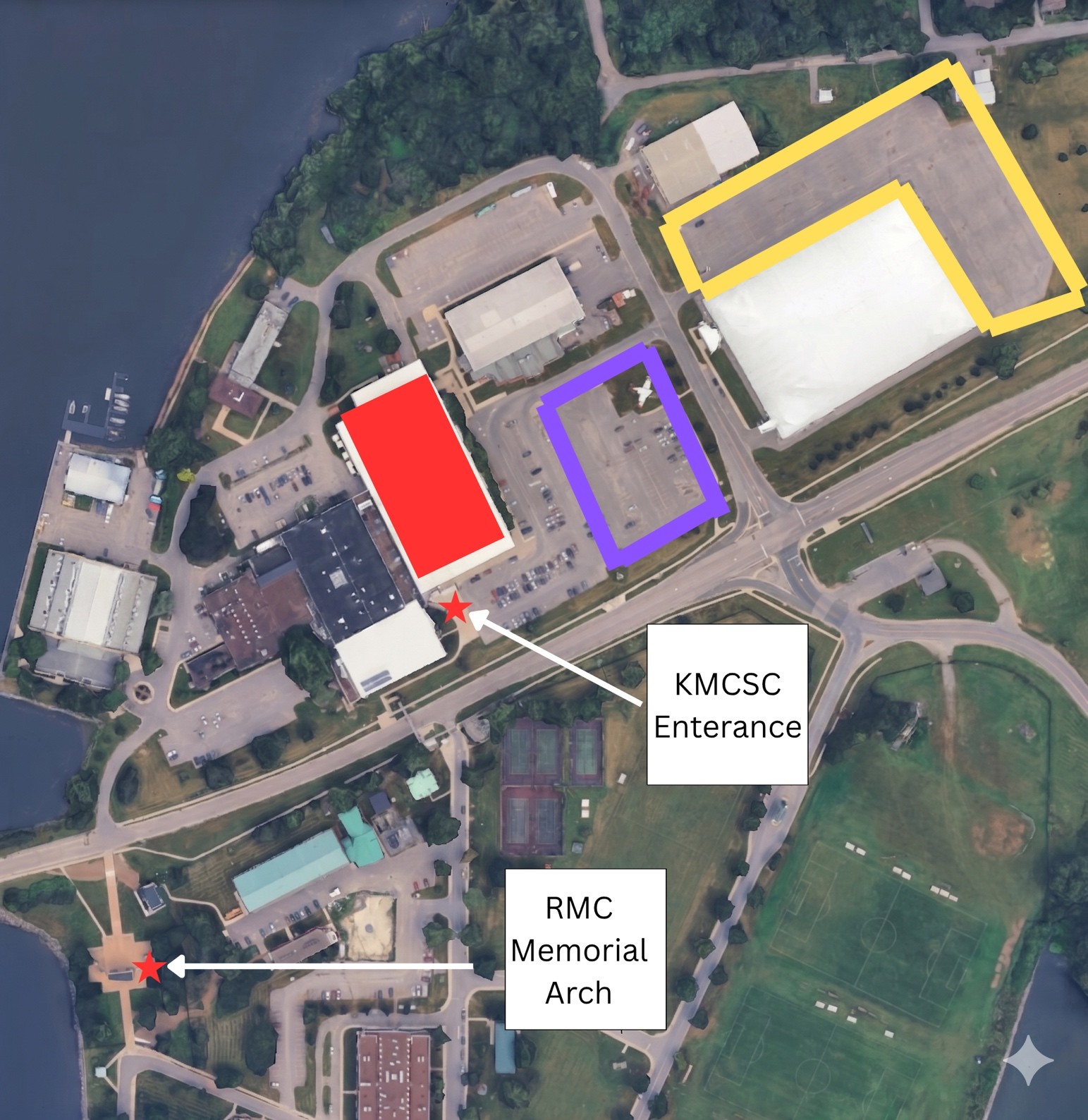 Aerial view of parking and entrances