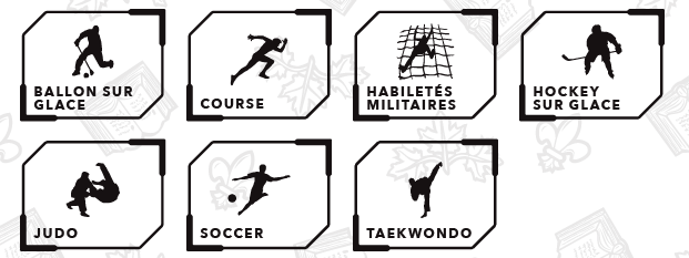 Ballon su glace, course, habiletés militaires, hockey sur glace, judo, soccer, taekwondo