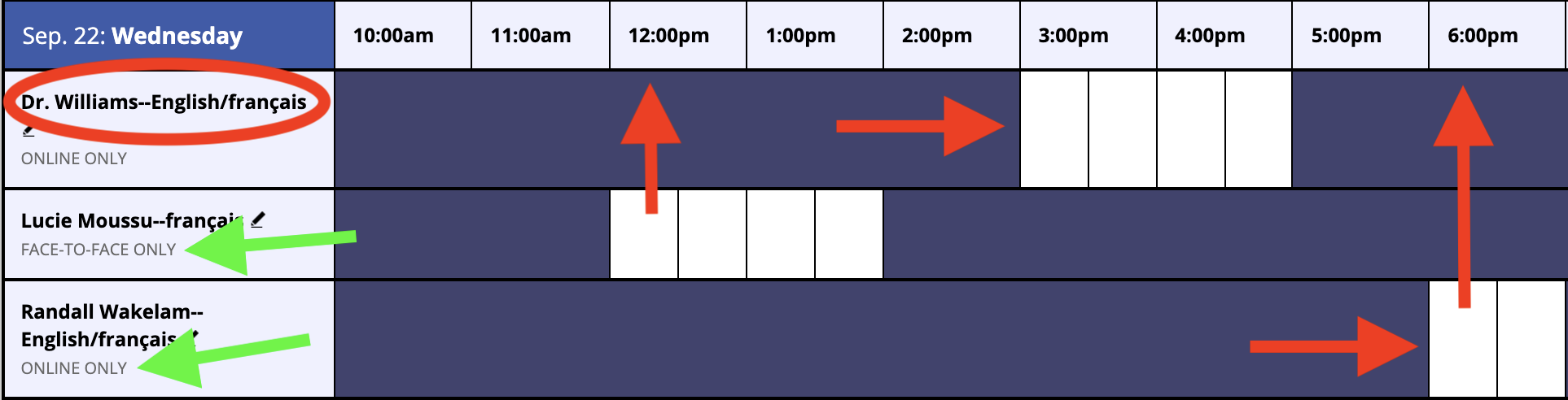 Fenetre de l'horaire des rendez-vous avec les noms des tuteurs et les heures de rendez-vous