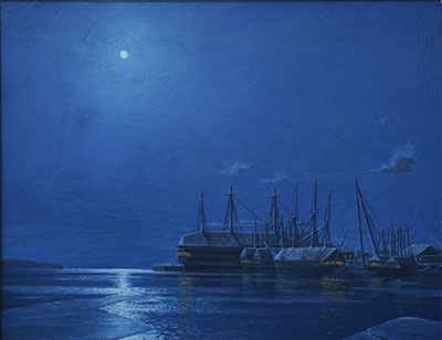 Six navires couverts flottent le long du quai de la Pointe Frederick sous une pleine lune.