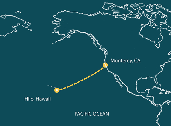 Pacific Ocean route from Monterey, California to Hilo, Hawaii