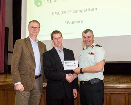 Aaron Elliot receives third place award from Dr. Phil Bates and the Commandant, BGen Sébastien Bouchard