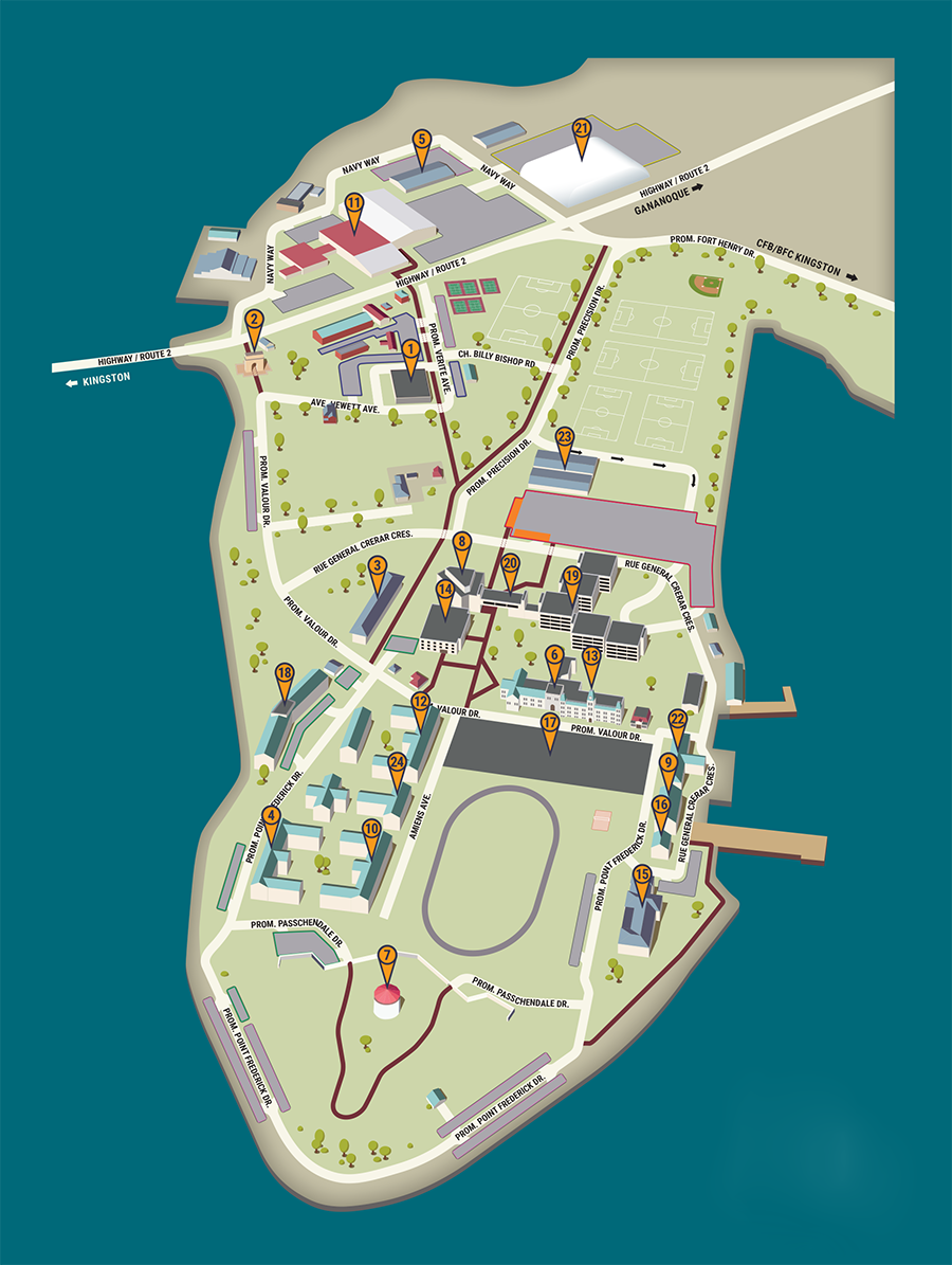 Carte du CMR montrant les bâtiments, les sentiers pédestres et les zones de stationnement