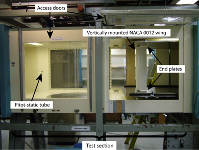 Access doors, Pitot-static tube, vertically-mounted NACA 0012 wing, end plates & test section