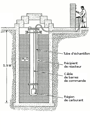 Schéma du réacteur SLOWPOKE-2 avec tube d'échantillon, récipient de réactur, cable de barres de commande, région de carburant