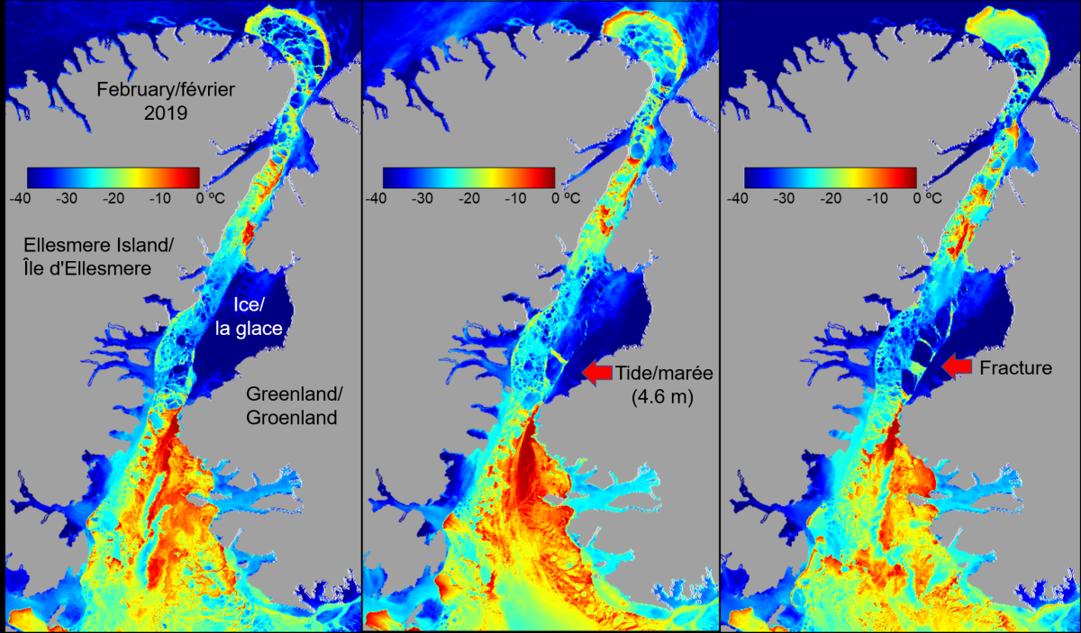 Le Groenland et l'île d'Ellesemere avec les températures, les marées, et une fracture, indiquée